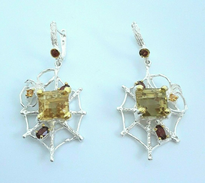 ORIGINALES BOUCLES D OREILLES CREATEUR ARGENT & CITRINE GRENAT