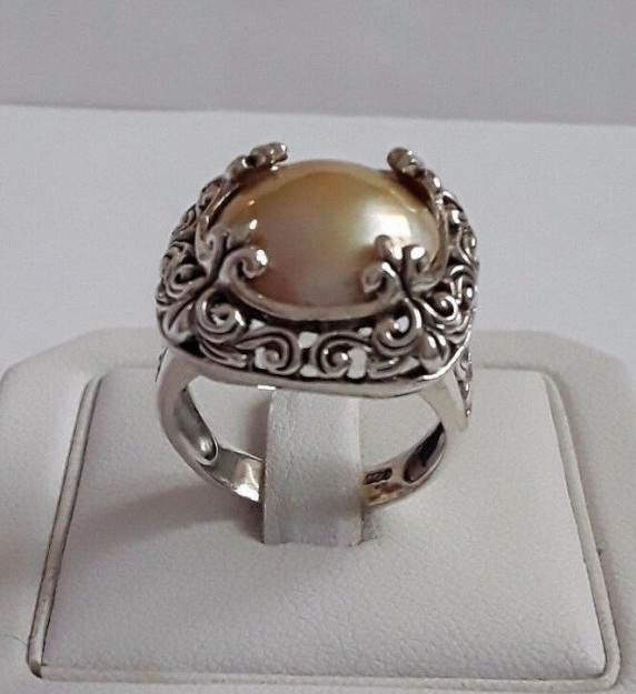 AGNES CREATIONS / SUBLIME BAGUE FEMME EN ARGENT 925 ORNEE PERLE GEANTE TAILLE 54