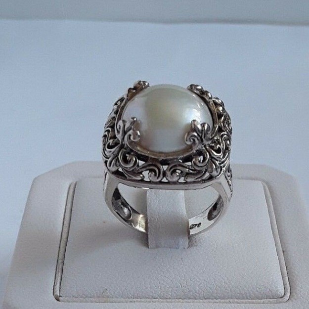 AGNES CREATIONS / SUBLIME BAGUE FEMME EN ARGENT 925 ORNEE PERLE GEANTE TAILLE 53