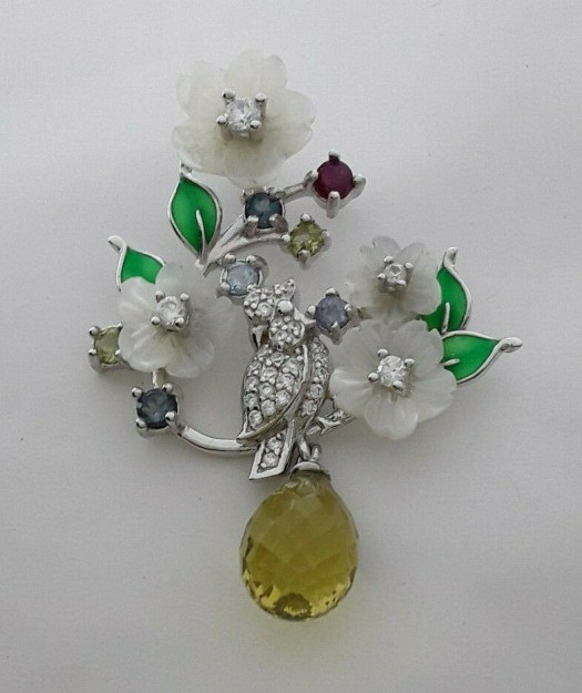 AGNES CREATIONS // Pendentif de Créateur Fleur Nacre perle citrine en argent 925