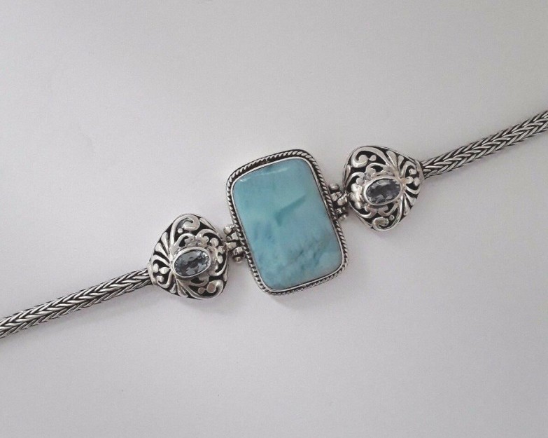 AGNES CREATIONS / ELEGANT BRACELET FEMME ARGENT 925 ORNE LARIMAR & TOPAZE BLEUE