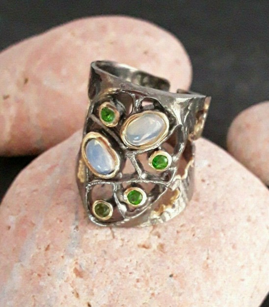 AGNES CREATIONS / BAGUE CREATEUR FEMME OPALE PERIDOT EN ARGENT & OR TAILLE 56-57