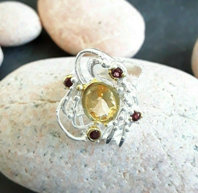 AGNES CREATIONS / Jolie Bague Créateur Citrine & Rhodolite argent 925 TAILLE 56