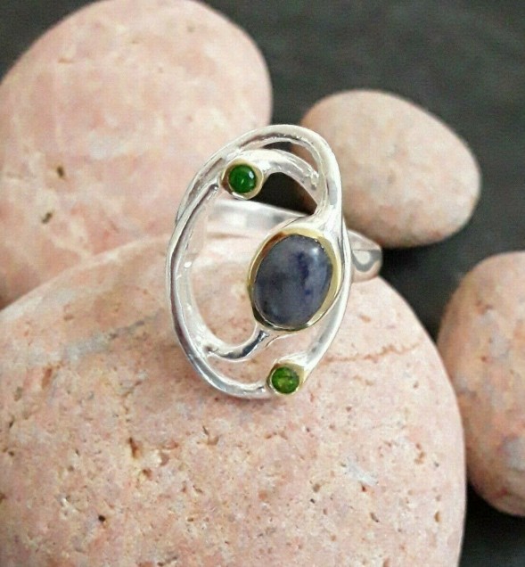 AGNES CREATIONS / Bague de Créateur Luxe sodalite & Péridot argent 925 Taille 56