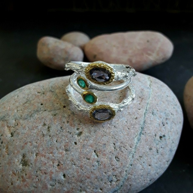 AGNES CREATIONS / Jolie Bague de Créateur lolite & emeraude argent 925 Taille 53