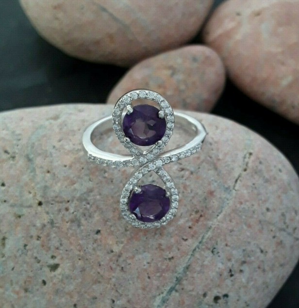 AGNES CREATIONS / Bague de Créateur ornée 2 Améthystes en argent 925 TAILLE 54