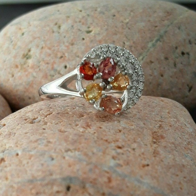 AGNES CREATIONS /Bague Créateur ornée Saphir orange & jaune en argent TAILLE 57