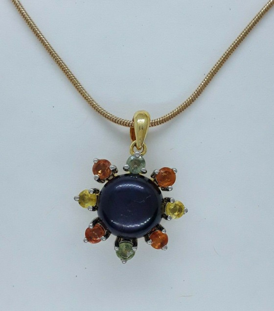 AGNES CREATIONS / Joli Pendentif Fleur Perle Noire Citrine Tourmaline en Vermeil