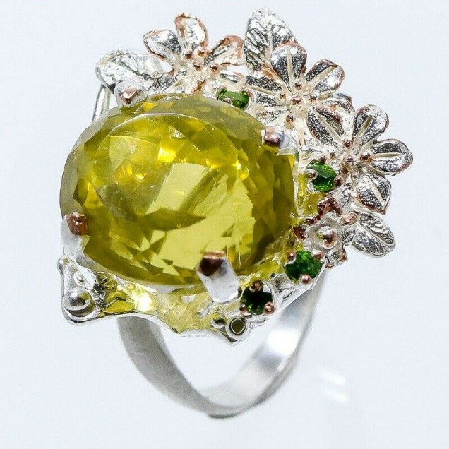 AGNES CREATIONS / Grosse Bague Créateur ornée Quartz Citron argent 925 TAILLE 57