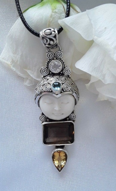 AGNES CREATIONS / Pendentif Argent 925 & Os sculpté Quartz fumé citrine & topaze