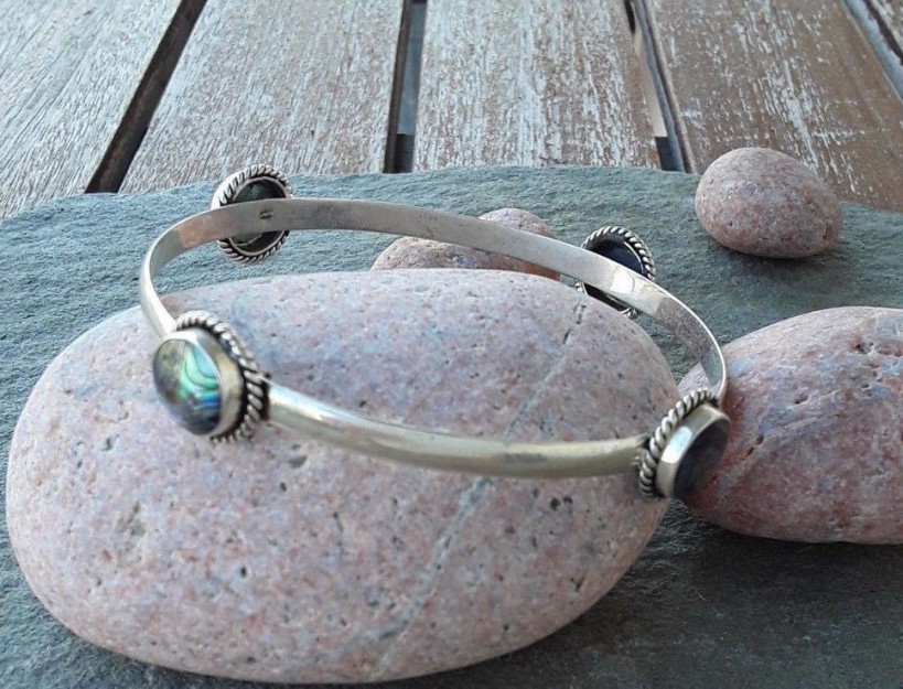  AGNES CREATIONS // BRACELET FEMME METAL ARGENTE & MEDAILLONS NACRE ABALONE