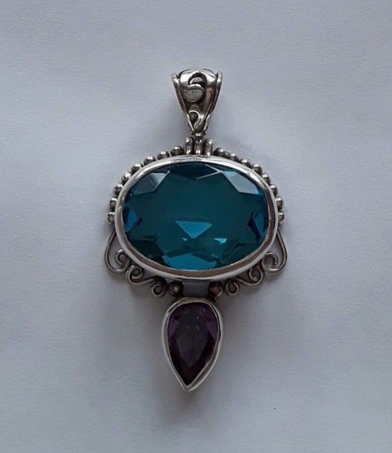 AGNES CREATIONS // BEAU PENDENTIF ARGENT 925 ORNE APATITE & AMETHYSTE POIRE