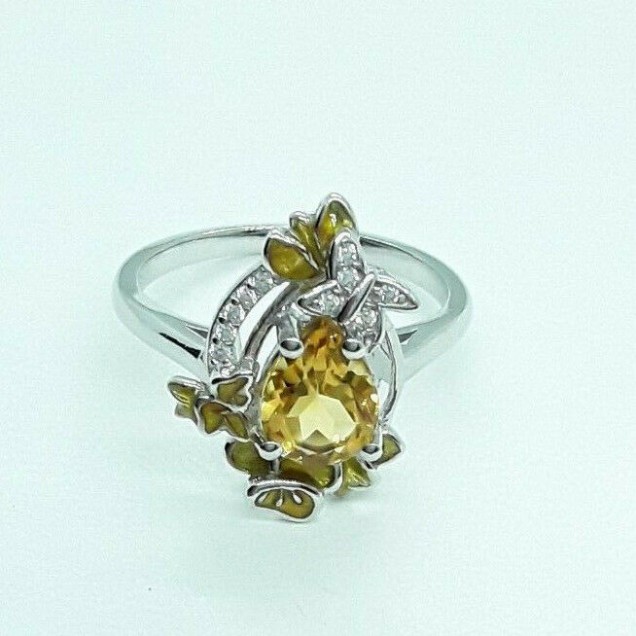 AGNES CREATIONS / Bague Créateur argent ornée Citrine Jaune & email - TAILLE 53