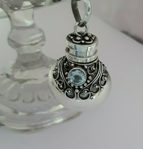 RARE PENDENTIF FLACON PARFUM ARGENT 925 & TOPAZE BLEUE