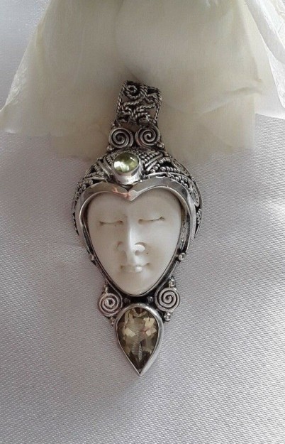 AGNES CREATIONS /PENDENTIF ARGENT 925 & OS SCULPTE ORNE CITRINE & PERIDOT