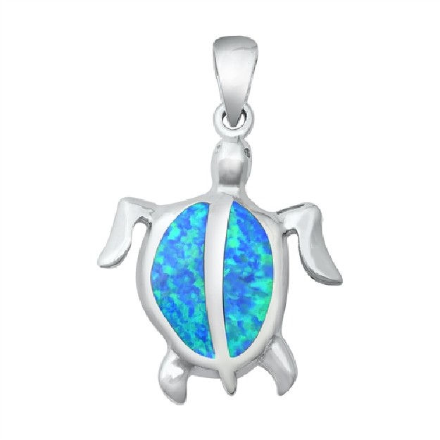 Pendentif Mixte Tortue de mer orné d' Opale bleue en Argent 925