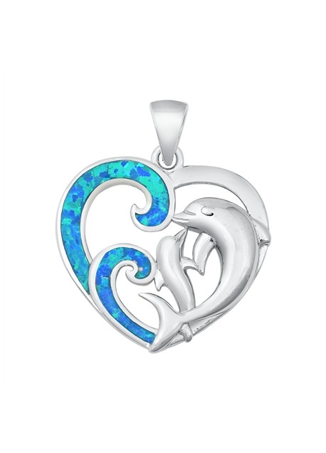 Pendentif Coeur & Dauphin orné d' Opale bleue en Argent 925