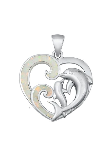 Pendentif Coeur & Dauphin orné d' Opale blanche en Argent 925