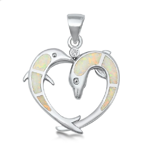 Pendentif Coeur & Dauphin orné d' Opale blanche en Argent 925