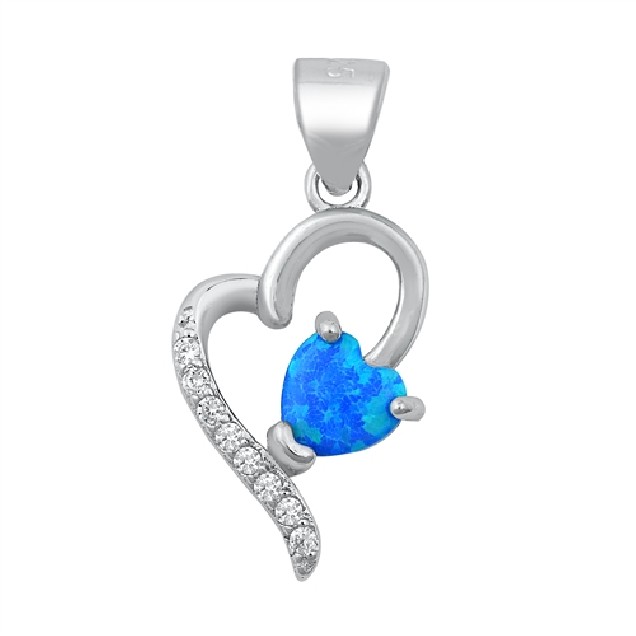 Pendentif Coeur orné d' Opale bleue & Zirconiums en Argent 925