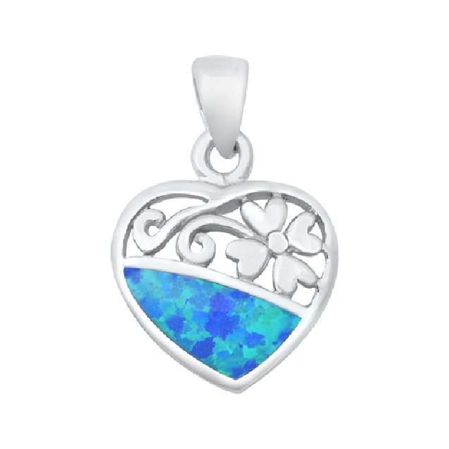Pendentif Cœur et Fleur orné d'Opale bleue en Argent 925
