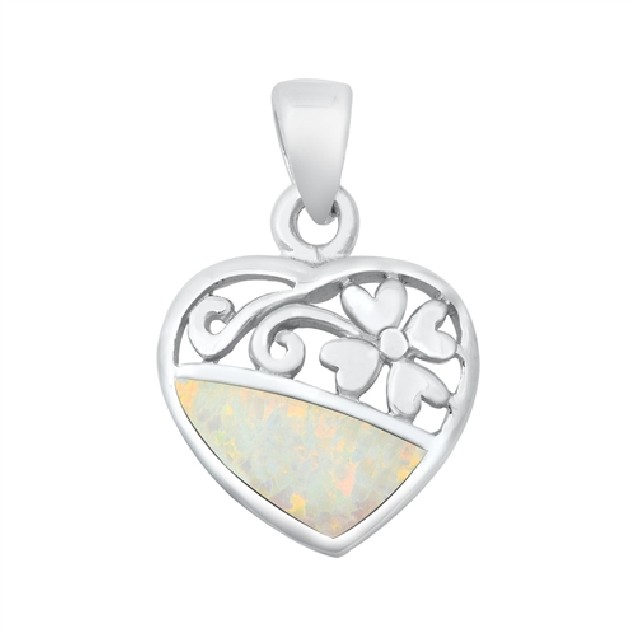 Pendentif Cœur et Fleur orné d'Opale blanche en Argent 925