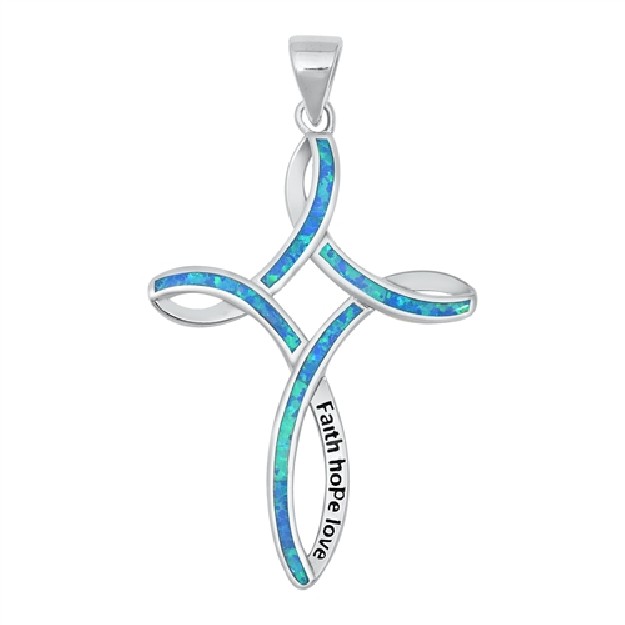 Pendentif Mixte Croix orné d' Opale bleue en Argent 925