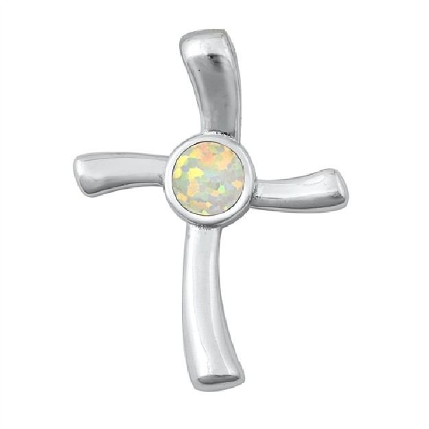 Pendentif Mixte Croix orné d'Opale blanche en Argent 925