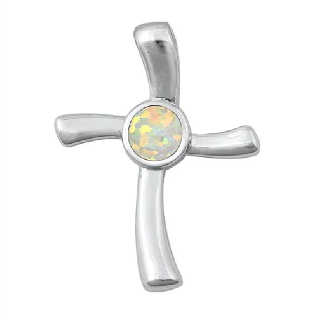 Pendentif Mixte Croix orné d'Opale blanche en Argent 925