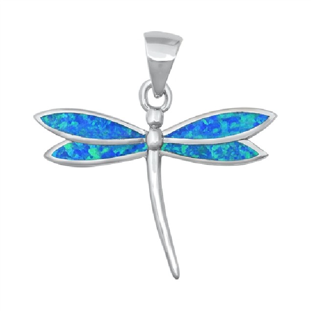 Pendentif Mixte Libellule orné d'Opale bleue en Argent 925