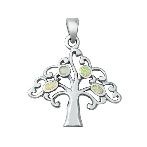 Pendentif Mixte Arbre orné d'Opale blanche en Argent 925