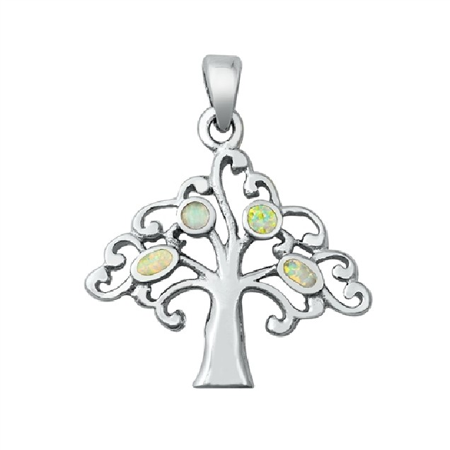 Pendentif Mixte Arbre orné d'Opale blanche en Argent 925