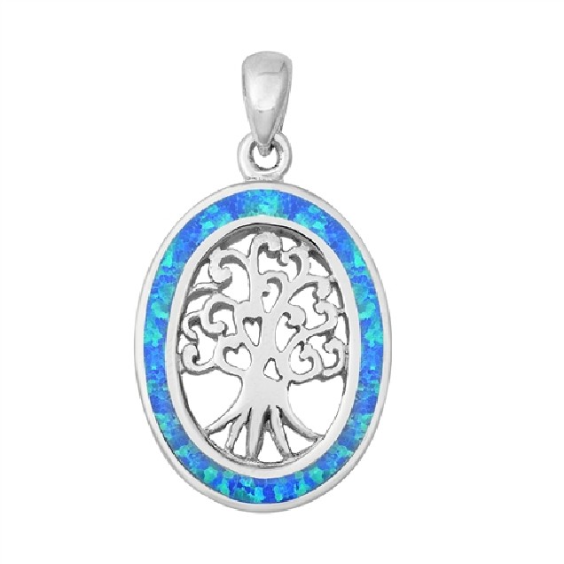 Pendentif Mixte Arbre de vie orné d'Opale bleue en Argent 925