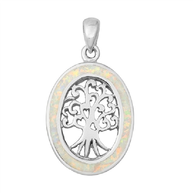 Pendentif Mixte Arbre de vie orné d'Opale blanche en Argent 925