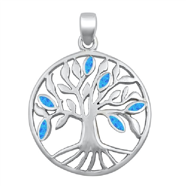 Pendentif Mixte Arbre de vie orné d'Opale bleue en Argent 925