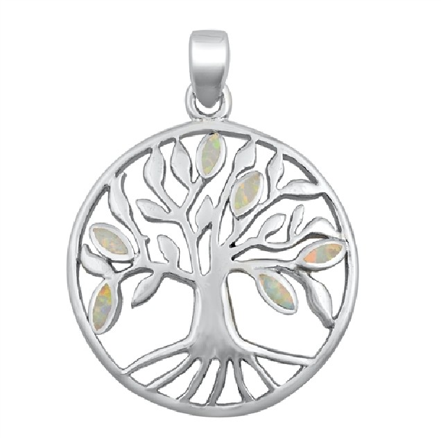 Pendentif Mixte Arbre de vie orné d'Opale blanche en Argent 925