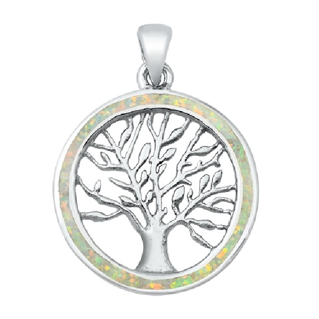 Pendentif Mixte Arbre de vie orné d'Opale blanche en Argent 925