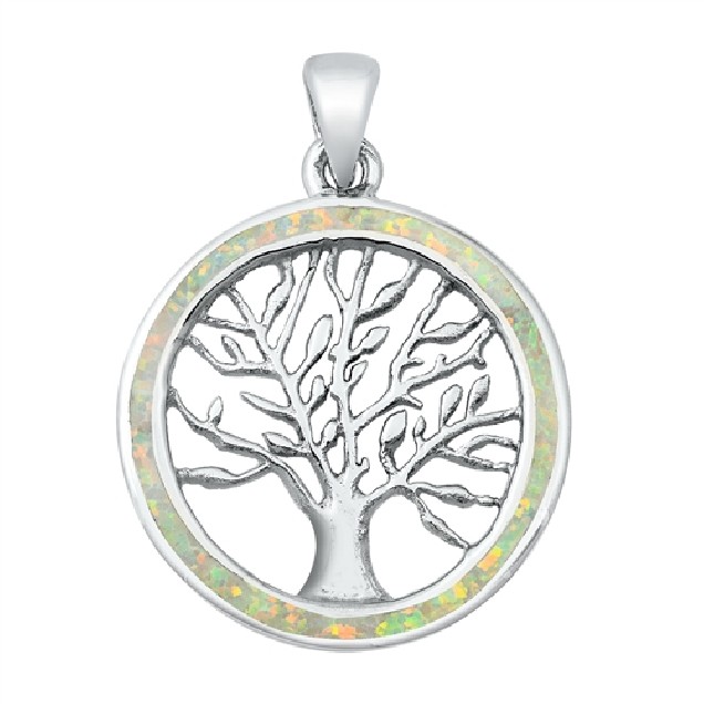 Pendentif Mixte Arbre de vie orné d'Opale blanche en Argent 925