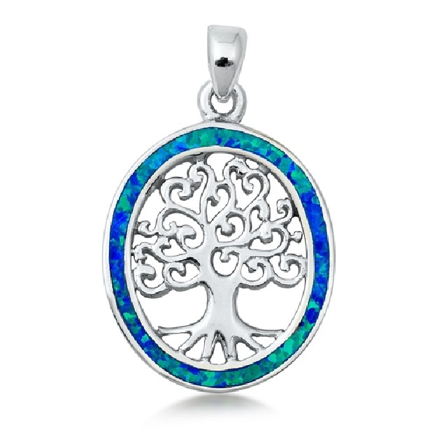 Pendentif Mixte Arbre de vie orné d'Opale bleue en Argent 925