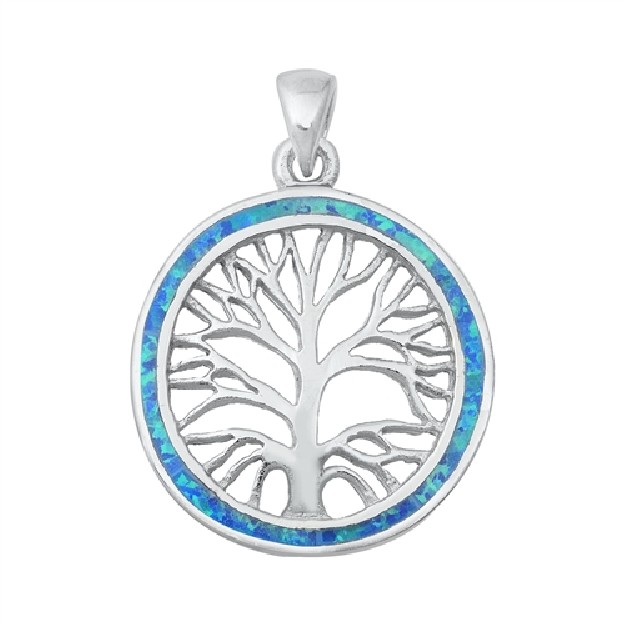 Pendentif Mixte Arbre de vie orné d'Opale bleue en Argent 925