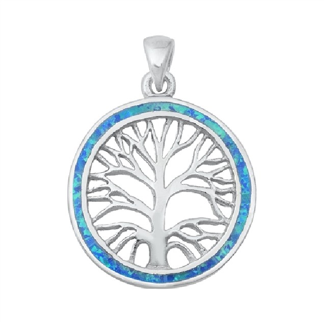 Pendentif Mixte Arbre de vie orné d'Opale bleue en Argent 925