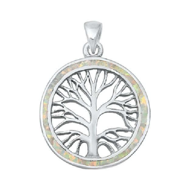 Pendentif Mixte Arbre de vie orné d'Opale blanche en Argent 925