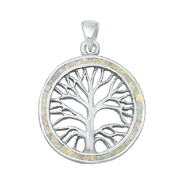 Pendentif Mixte Arbre de vie orné d'Opale blanche en Argent 925