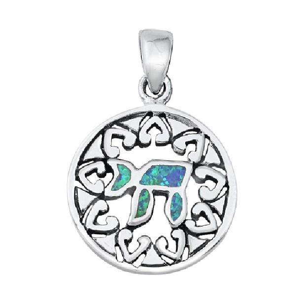 Pendentif Mixte Chai orné d'Opale bleue en Argent 925