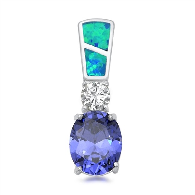 Pendentif long orné d'Opale et Tanzanite bleues en Argent 925