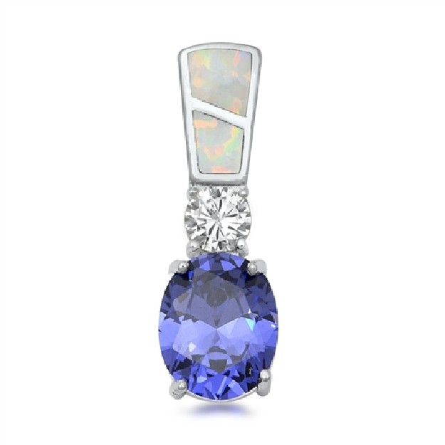 Pendentif long orné d'Opale blanche et Tanzanite bleue en Argent 925