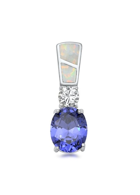 Pendentif long orné d'Opale blanche et Tanzanite bleue en Argent 925