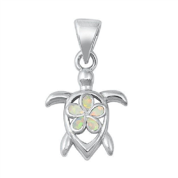 Pendentif Tortue avec une Fleur de Plumeria orné d'Opale blanche en Argent 925