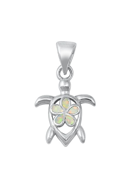 Pendentif Tortue avec une Fleur de Plumeria orné d'Opale blanche en Argent 925