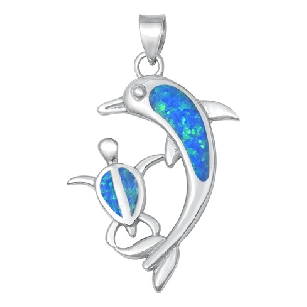 Pendentif Dauphin et Tortue orné d'Opale bleue en Argent 925